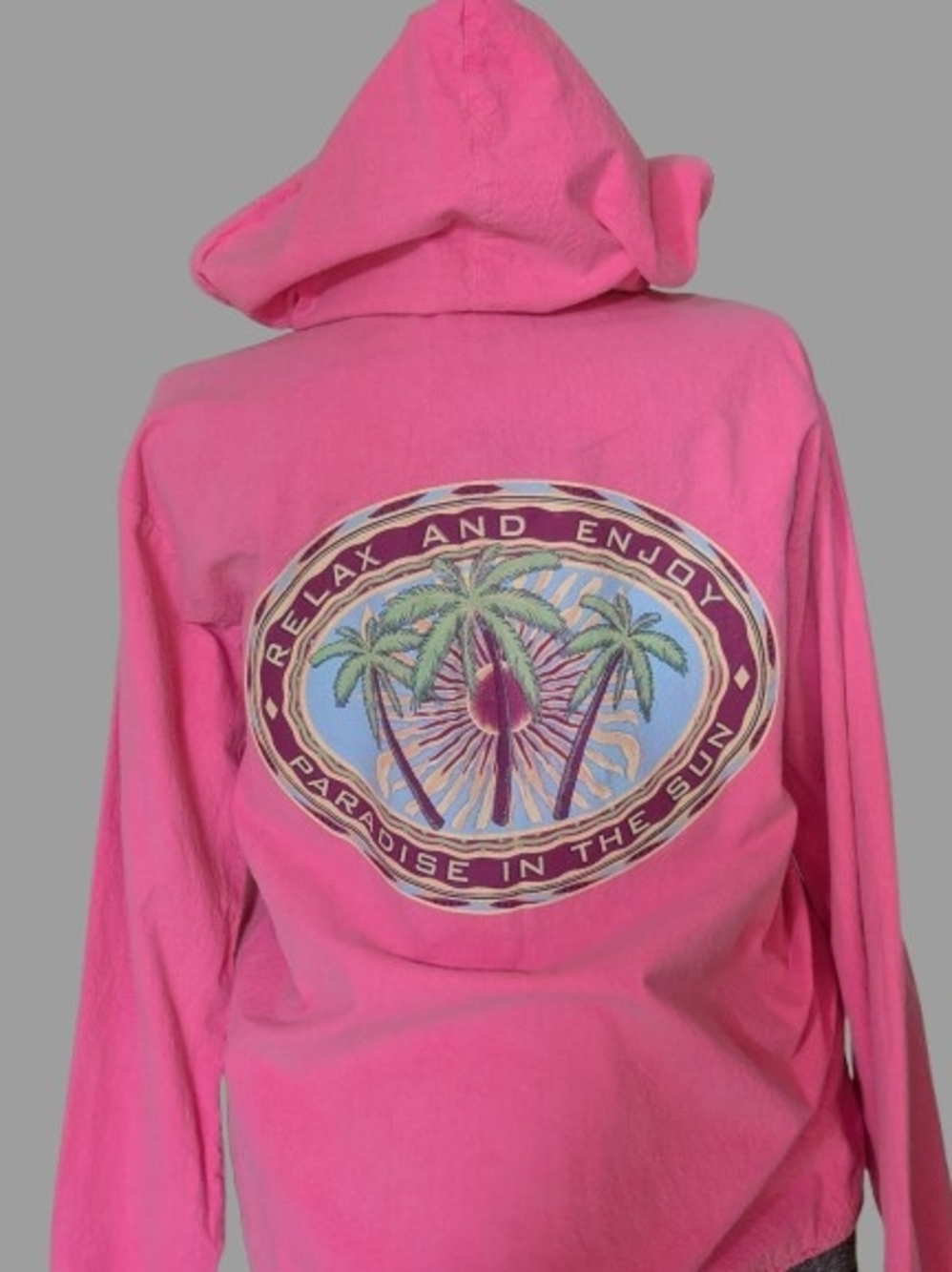 Relax and Enjoy Pink Hooded Jacket - Tropical Back Print. Size Large